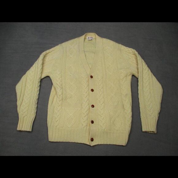 CLANSMAN English Bermuda 100% Wool Cardigan Sweater  Sz M Ivory Navy Cable Knit - Picture 1 of 6